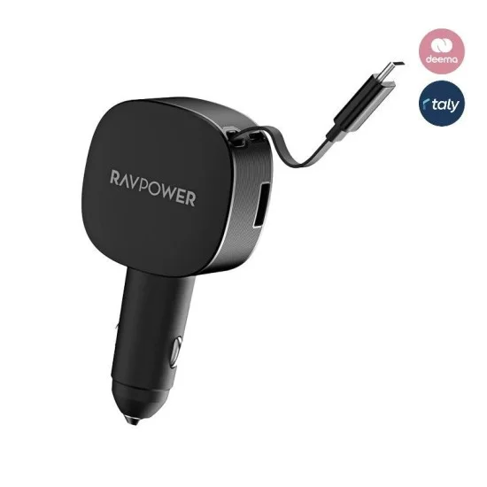 RavPower 1-Port USB-C and 1-Port USB-A PD 60W Car Charger With build in USB-C Cable - Black